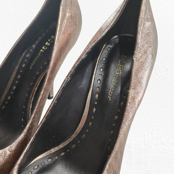 BCBGeneration Ariel Bronze Metallic Glam Leather Peep Toe Stiletto Heels Size 9 - Picture 8 of 15